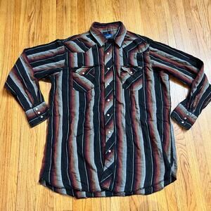 Wrangler Shirt Mens 2XL ? Red Black Stripe Pearl Snap Long Sleeve Western